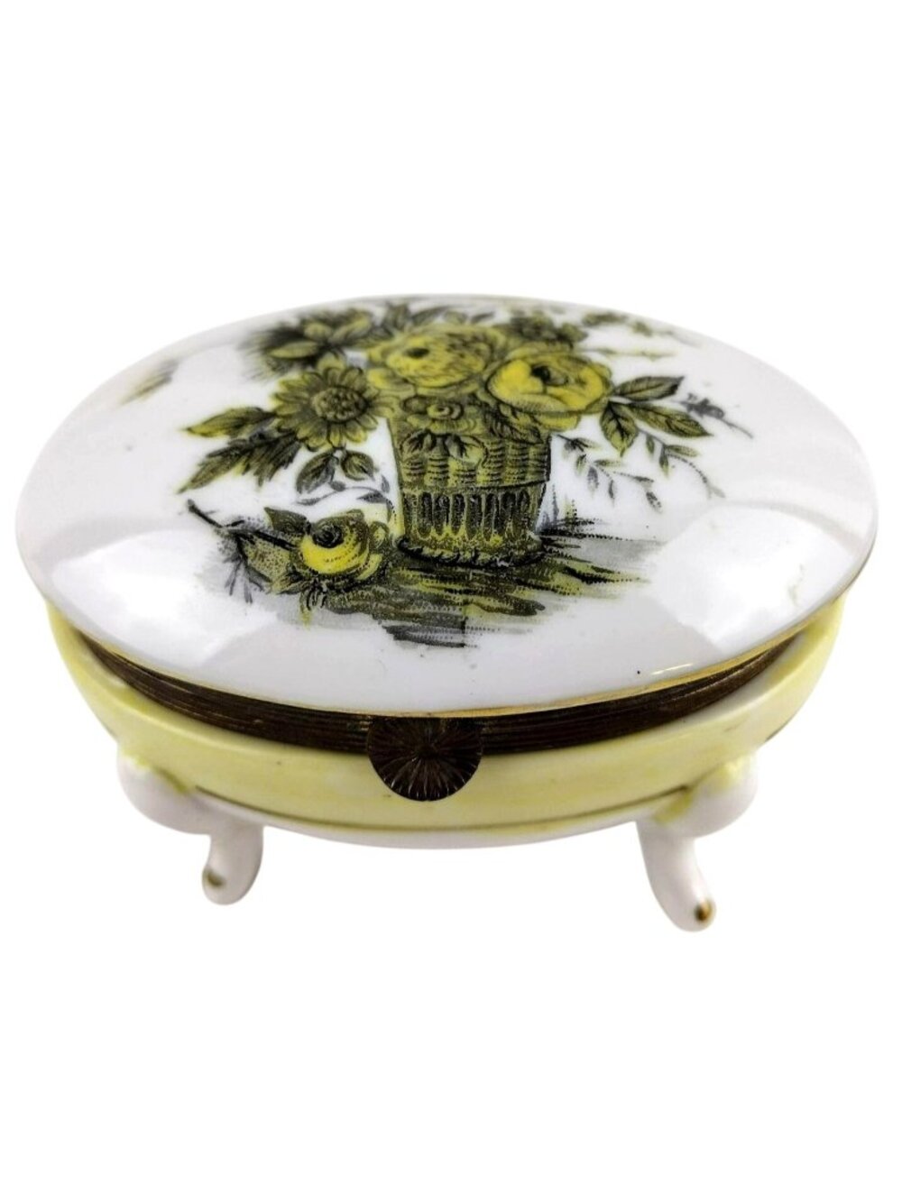 Trinket Box Porcelain Handpainted Vintage ISCO Flower Basket Footed Hinged 3.75"
